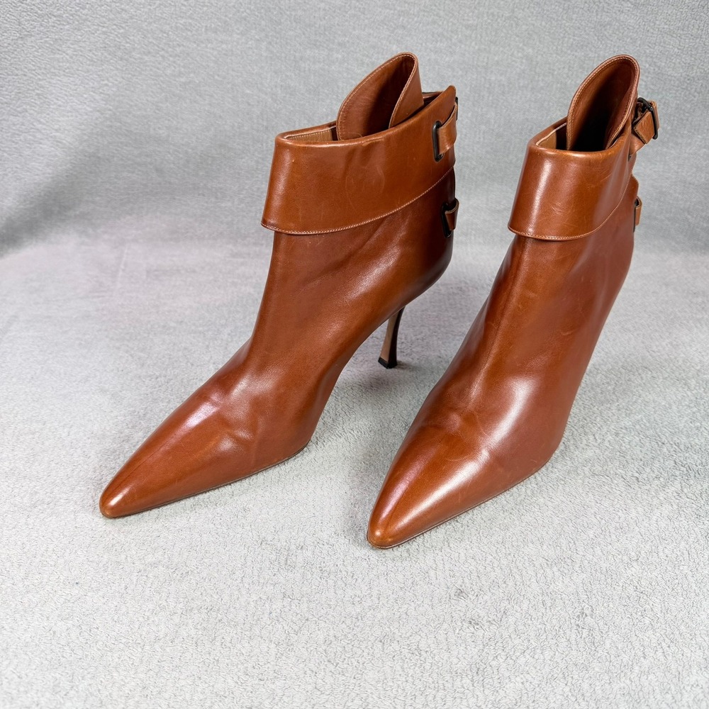 Manolo Blahnik Womens 39 Brown Leather Pointed Toe Buckle Strap Stiletto Booties